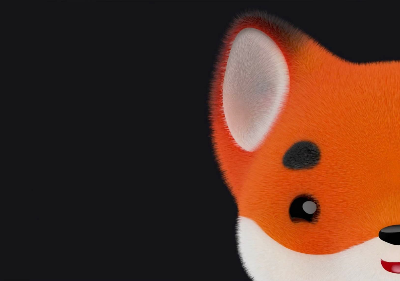 Praesenti's 3D fox mascot leaning in from the edge of a near-black screen